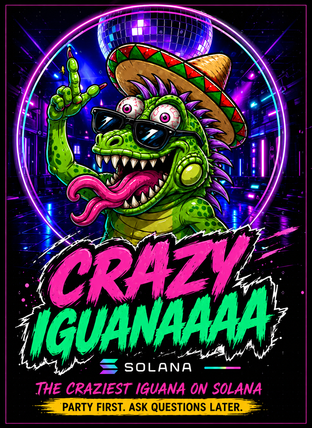 Crazy Iguana flyer with neon mascot under a disco ball